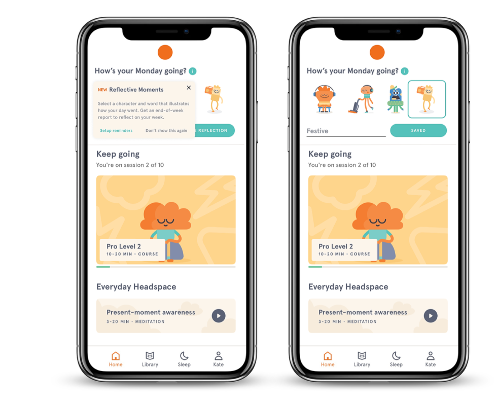 Headspace app reflective moments UI